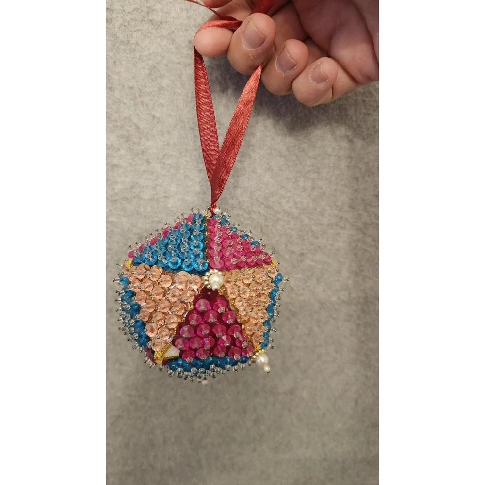 Handmade Beaded Sequin Christmas‎ Ornaments Set 3 Pink Red Multicolor Foam